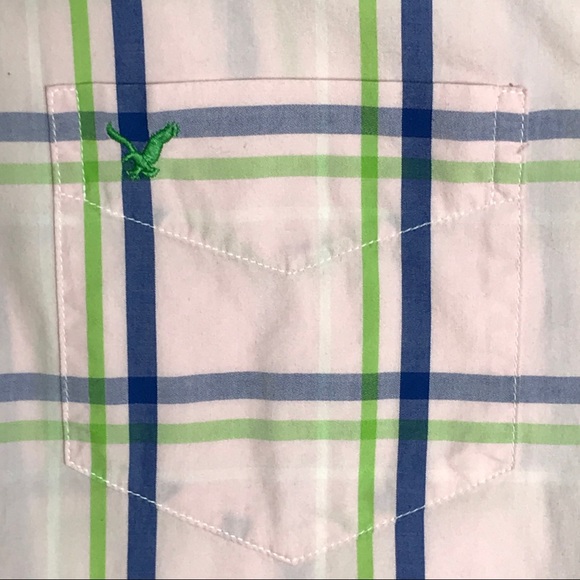 Mens American Eagle Pink Plaid Button Down Shirt Size Large - Picture 5 of 8